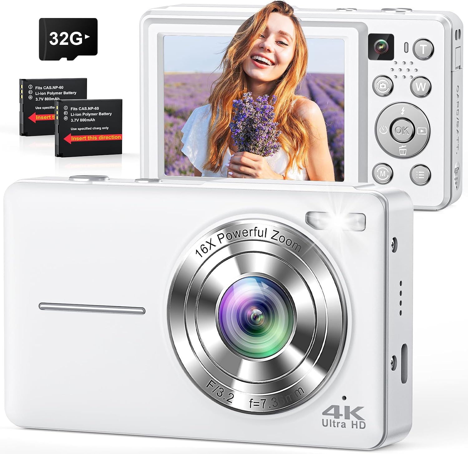 Detalle de 4K Digital Camera (64MP Autofocus Point-and-Shoot) with Front & Rear Vlogging Cameras, Flash, 16X Zoom, 32GB Card