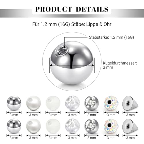 Detalle 1 de CIZME Labret Piercing 16G 1,2 mm Chirurgenstahl Silber Set – 12 Stäbe + 14 Kugeln