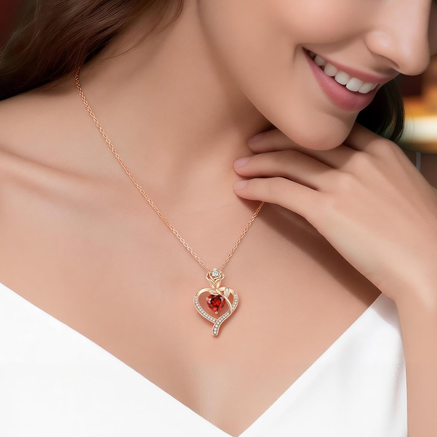 Thumbnail 1 de CDE Halskette Damen Rosegold Herz Kette mit Geburtsstein – Rosévergoldete Herz-Anhänger-Kette aus Messing
