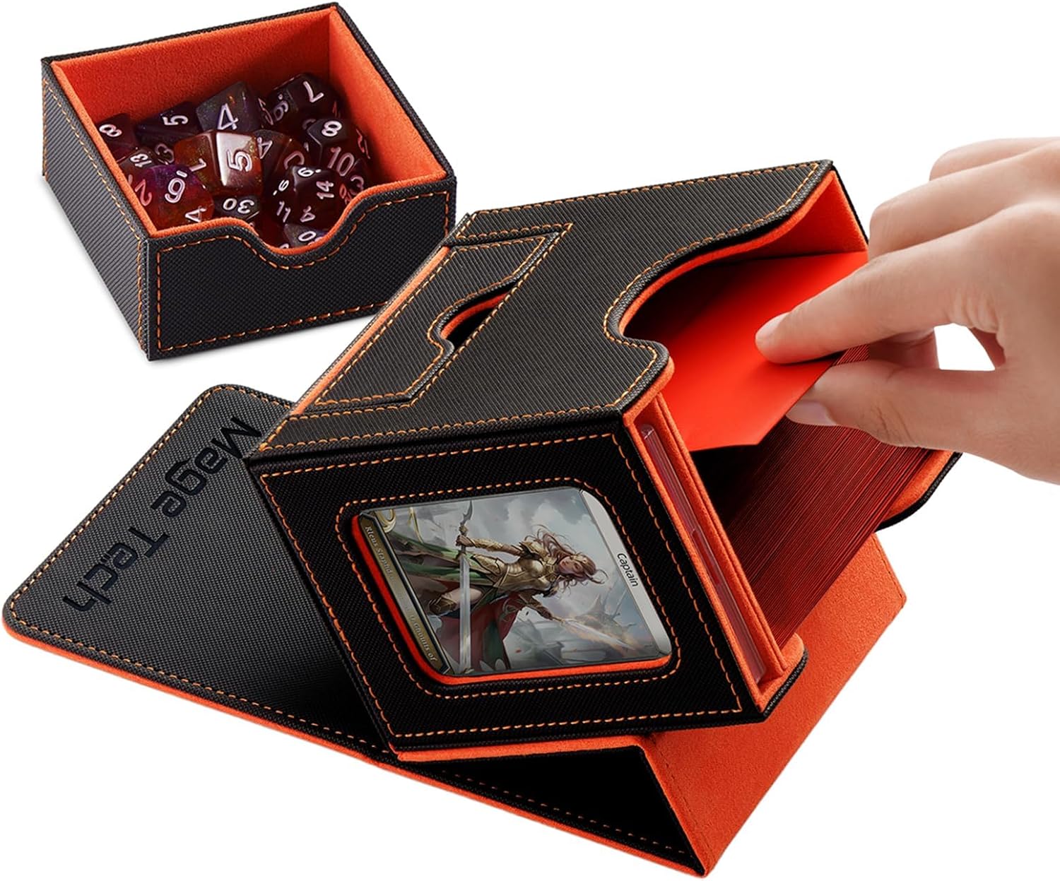 Thumbnail 6 de Mage Tech Commander Deckbox für MTG – Patentiertes Display-Design, 100 Kartenkapazität, 35pt Magnethalter und Würfelschale (Grau/Orange)