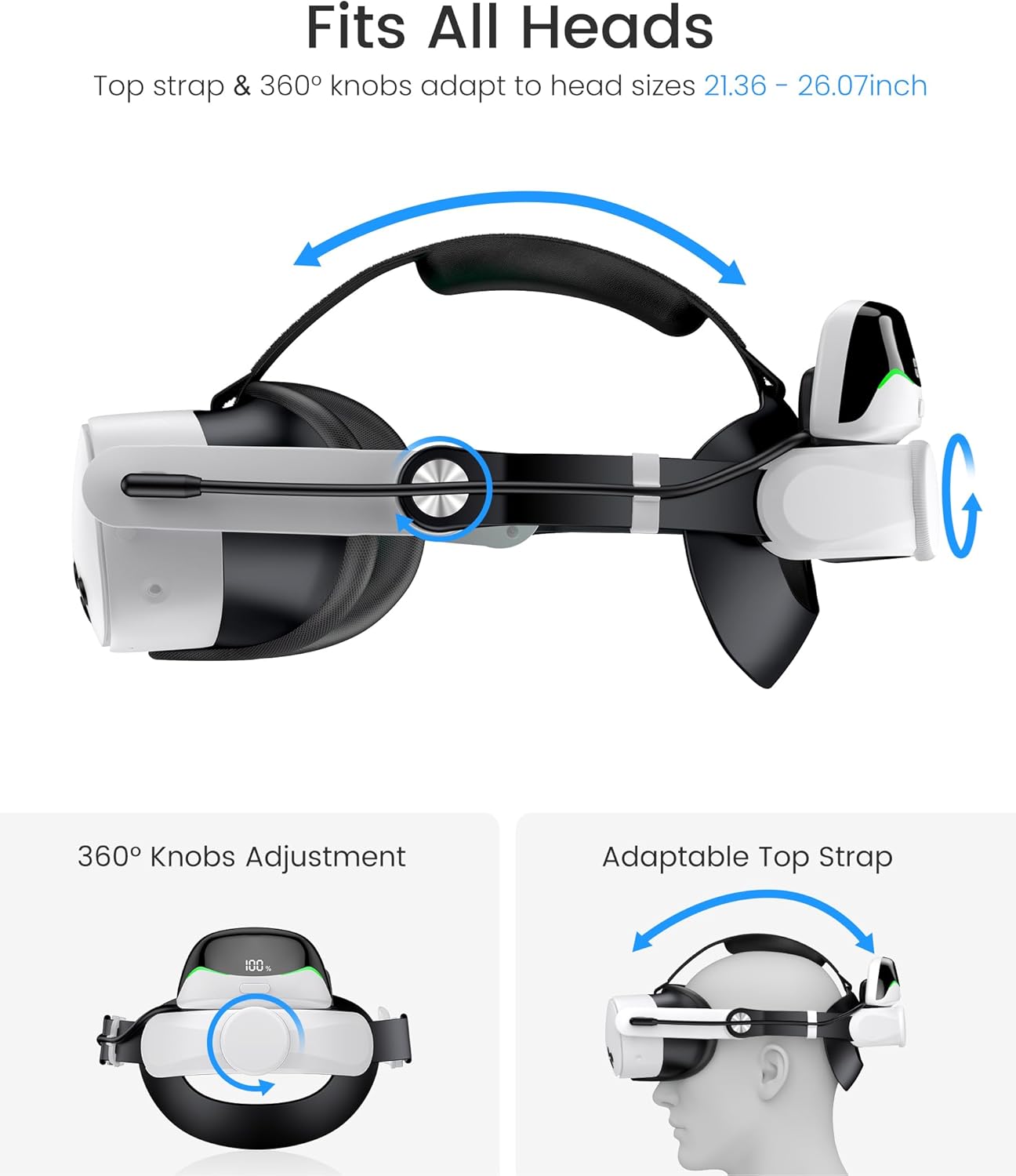 Detalle 2 de VR Head Strap with 10000mAh Battery for Meta Quest 3/Quest 3S/Quest 2: Comfort, Power, and Quick-Check Design