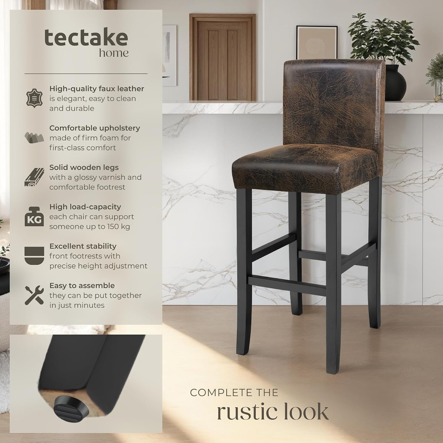 Detalle de tectake 406302 barstolar med ryggstöd, fotstöd och konstläder, 6-pack