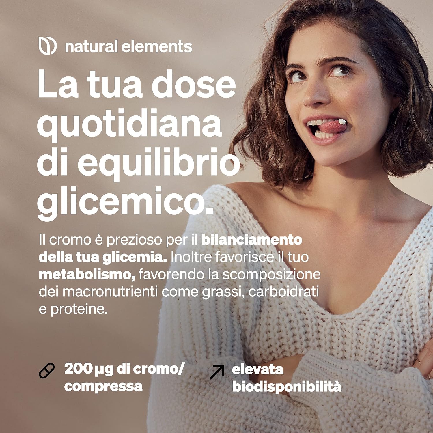 Detalle de natural elements Cromo (picolinato di cromo) 200 μg per compressa – 365 compresse, vegano