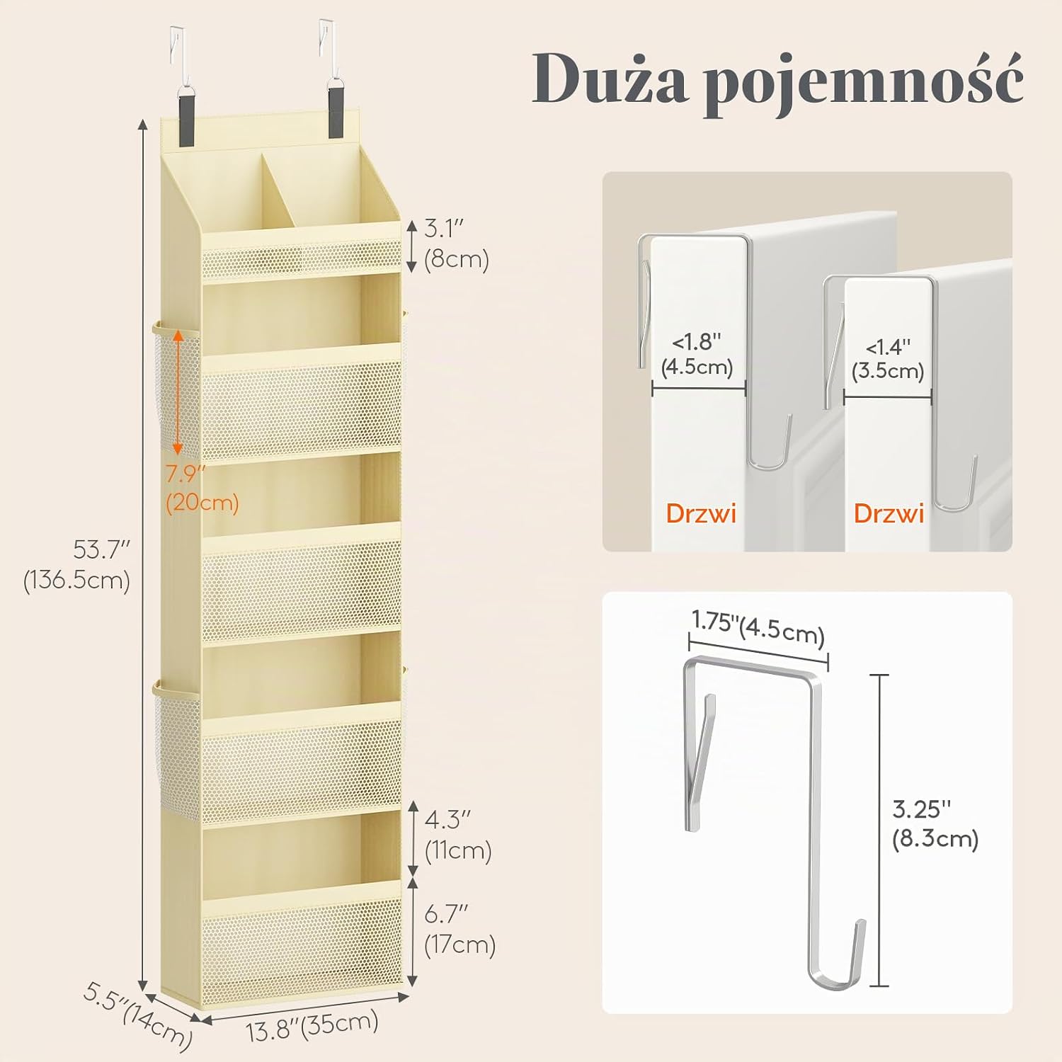 Detalle de Lifewit 25122 wiszący organizer na drzwi, 5 poziomów i 4 kieszenie