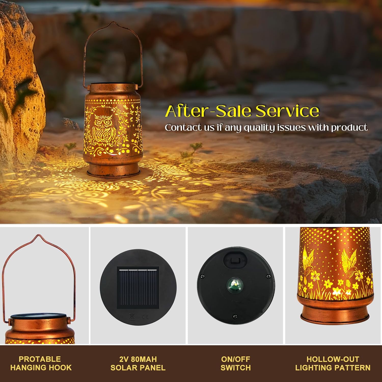 Detalle de Owl Gifts for Women solar owl garden lantern (outdoor LED) with antique bronze look and automatic light sensor