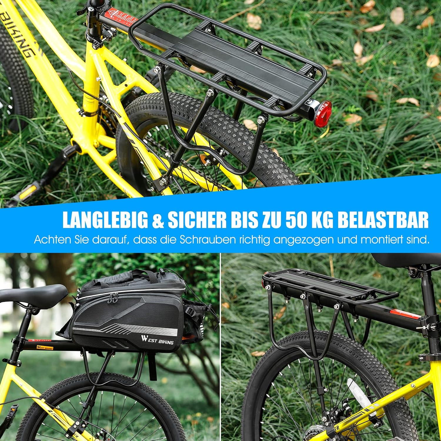 Detalle 2 de West Biking Gepäckträger fürs Mountainbike (hinten) aus Aluminium, bis 50 kg, Schnellmontage an der Sattelstütze