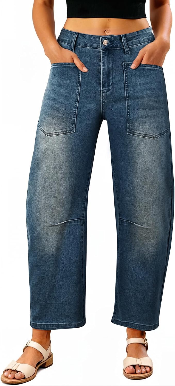 Detalle de EVALESS Barrel-Leg Jeans, High-Waisted Stretch Denim, Relaxed Cropped Fit