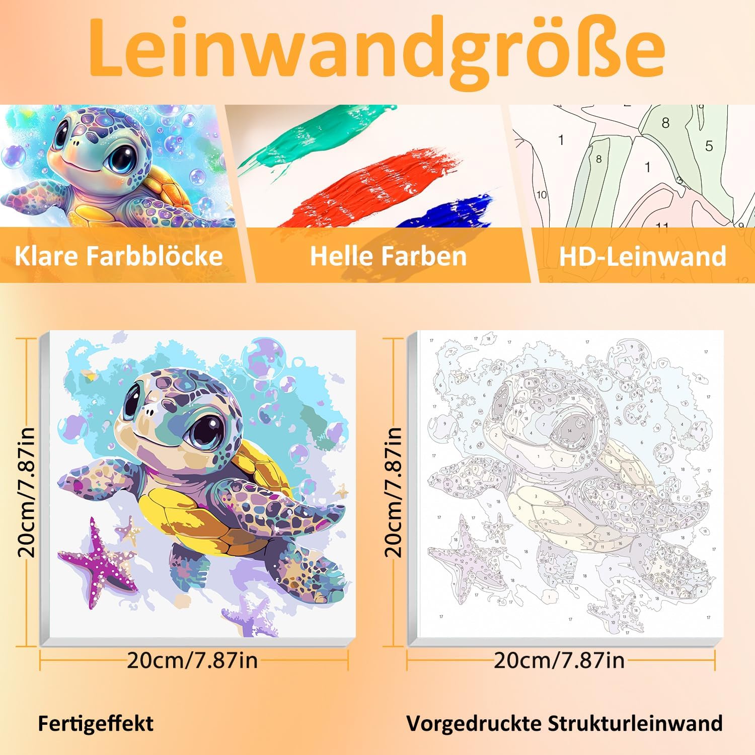 Detalle de Meeresschildkröten Malen nach Zahlen – gerahnte Leinwand inkl. Acrylfarben, Pinsel und Glitzer, 20x20cm