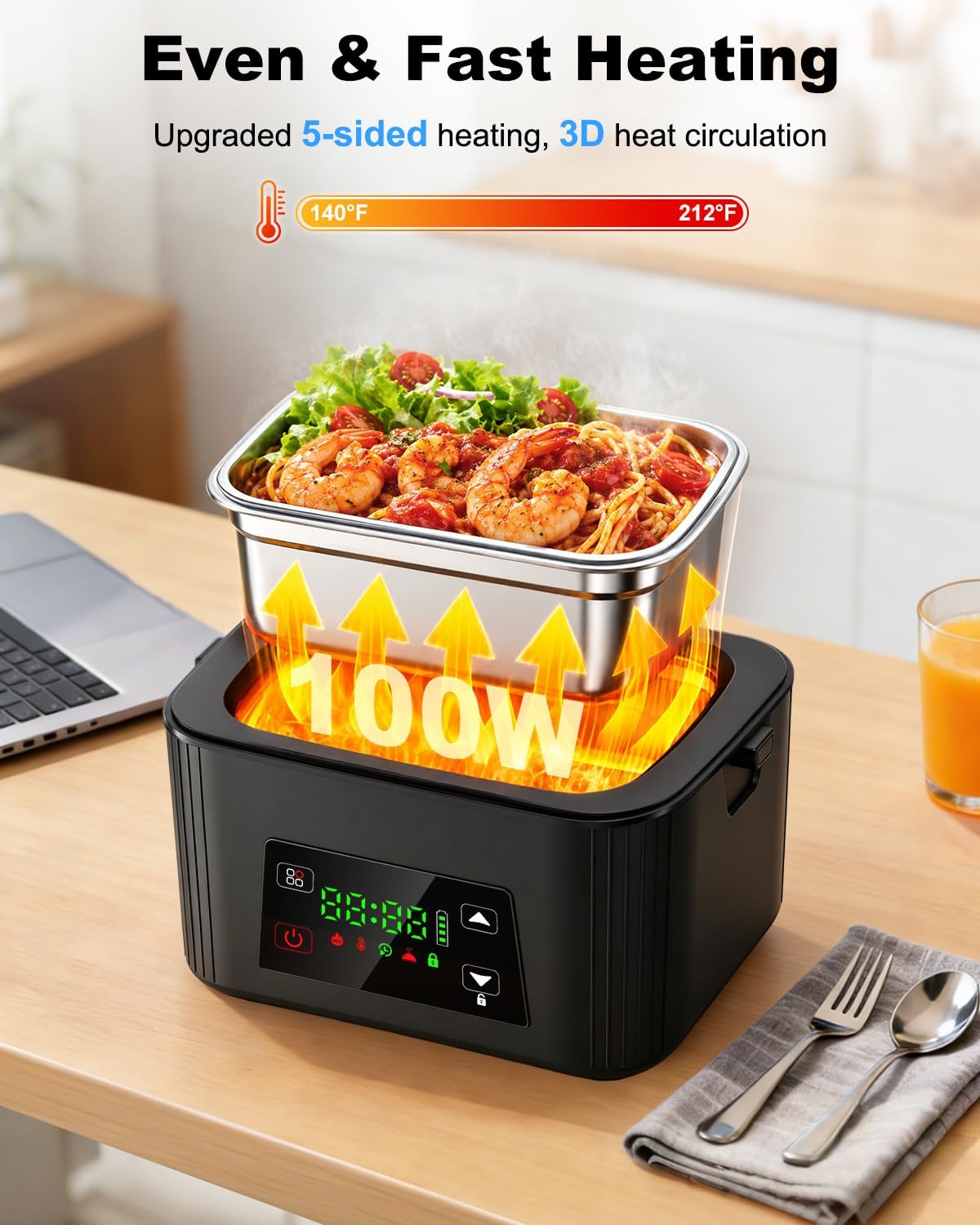 Detalle de Moexili 1.5L Cordless Electric Lunch Box with 5-Sided Heating