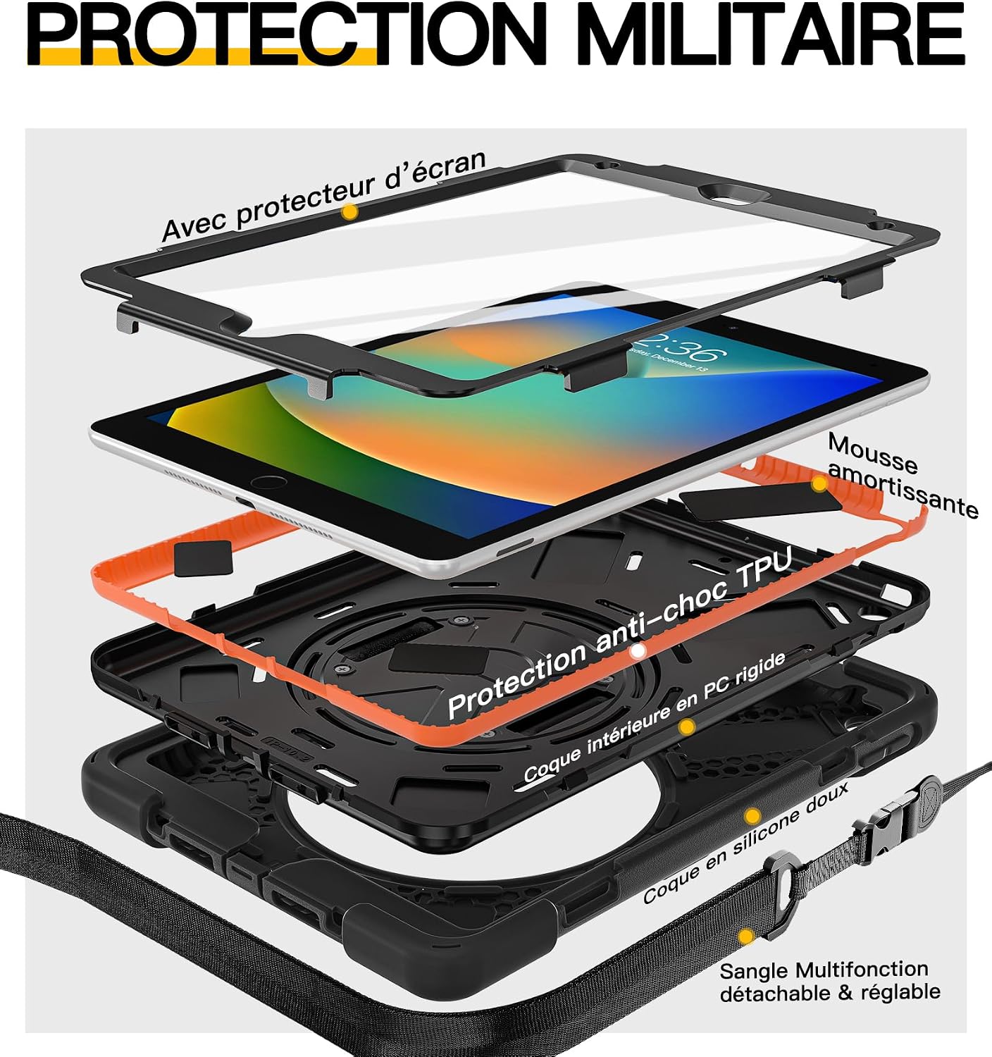 Detalle 2 de Étui BRAECN pour iPad 9e/8e/7e génération (10,2 pouces) avec protection d’écran, support 360° et dragonne