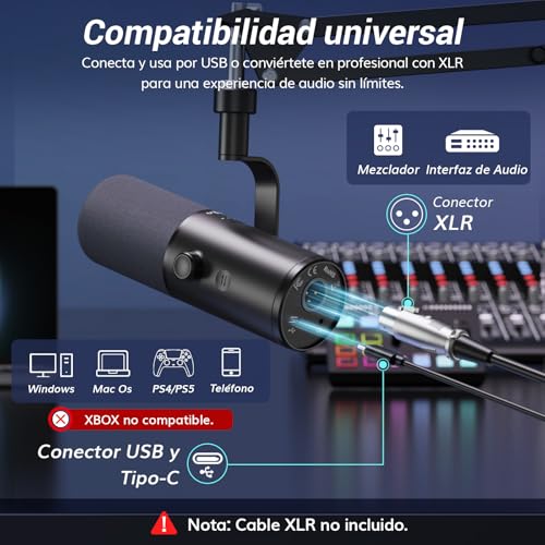 Detalle de TONOR TD510 Air H+: Micrófono dinámico USB/XLR para juegos con brazo y monitorización