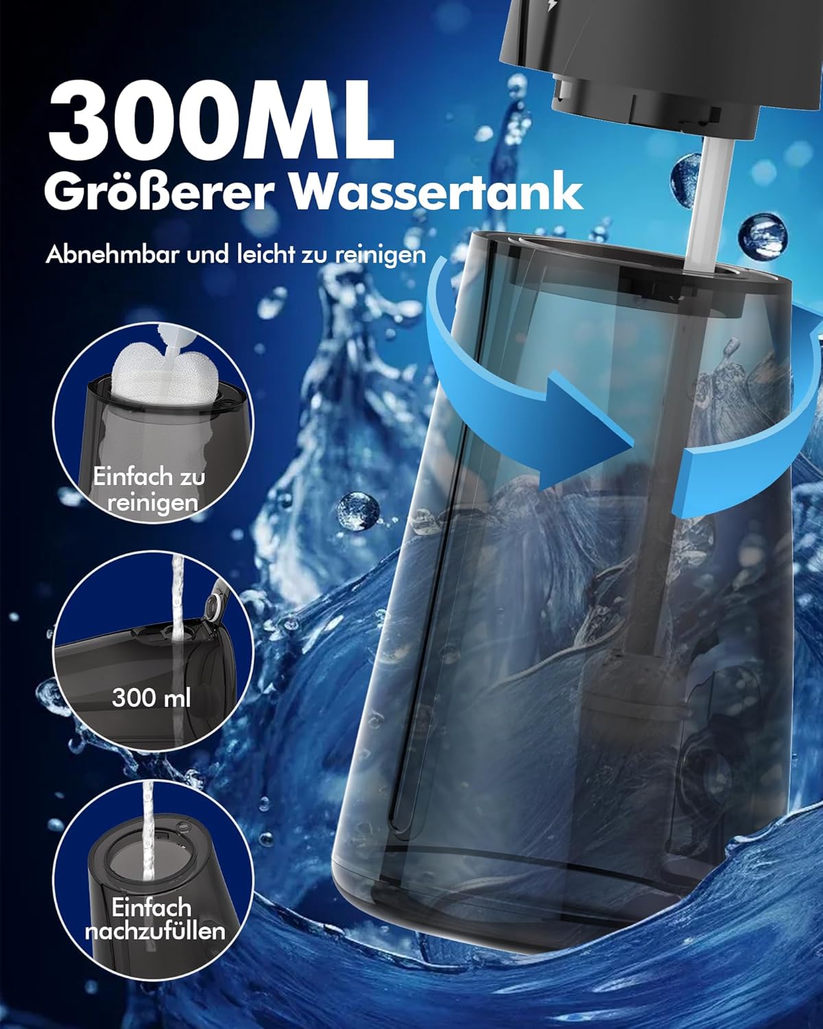 Thumbnail 5 de WAFLOO Munddusche kabellos Water Flosser mit USB-C, 5 Modi und 300 ml Wassertank (Schwarz)
