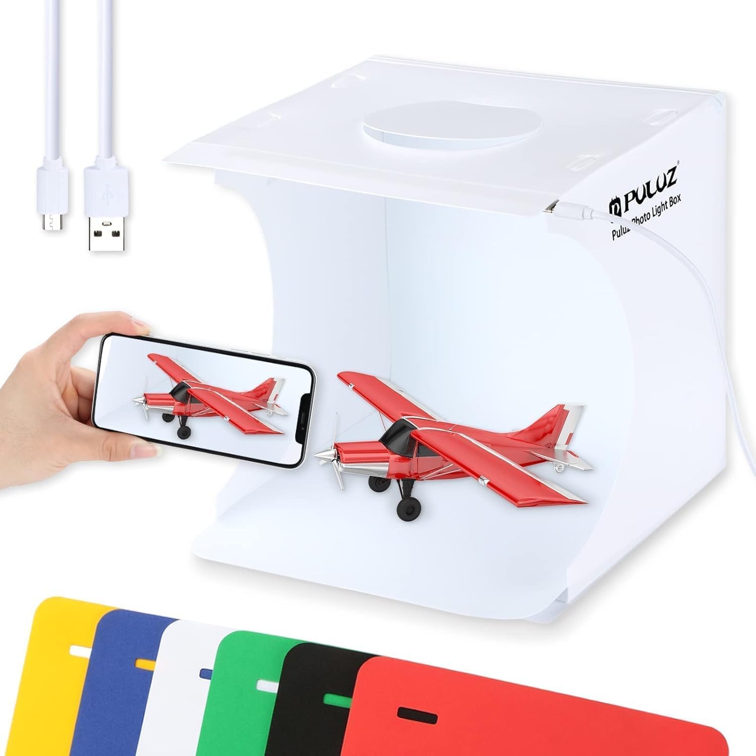 Detalle 2 de PULUZ Mini Fotobox (20 cm) mit 20 LED-Leuchten, Softbox-Zelt-Set und 6 Hintergründen