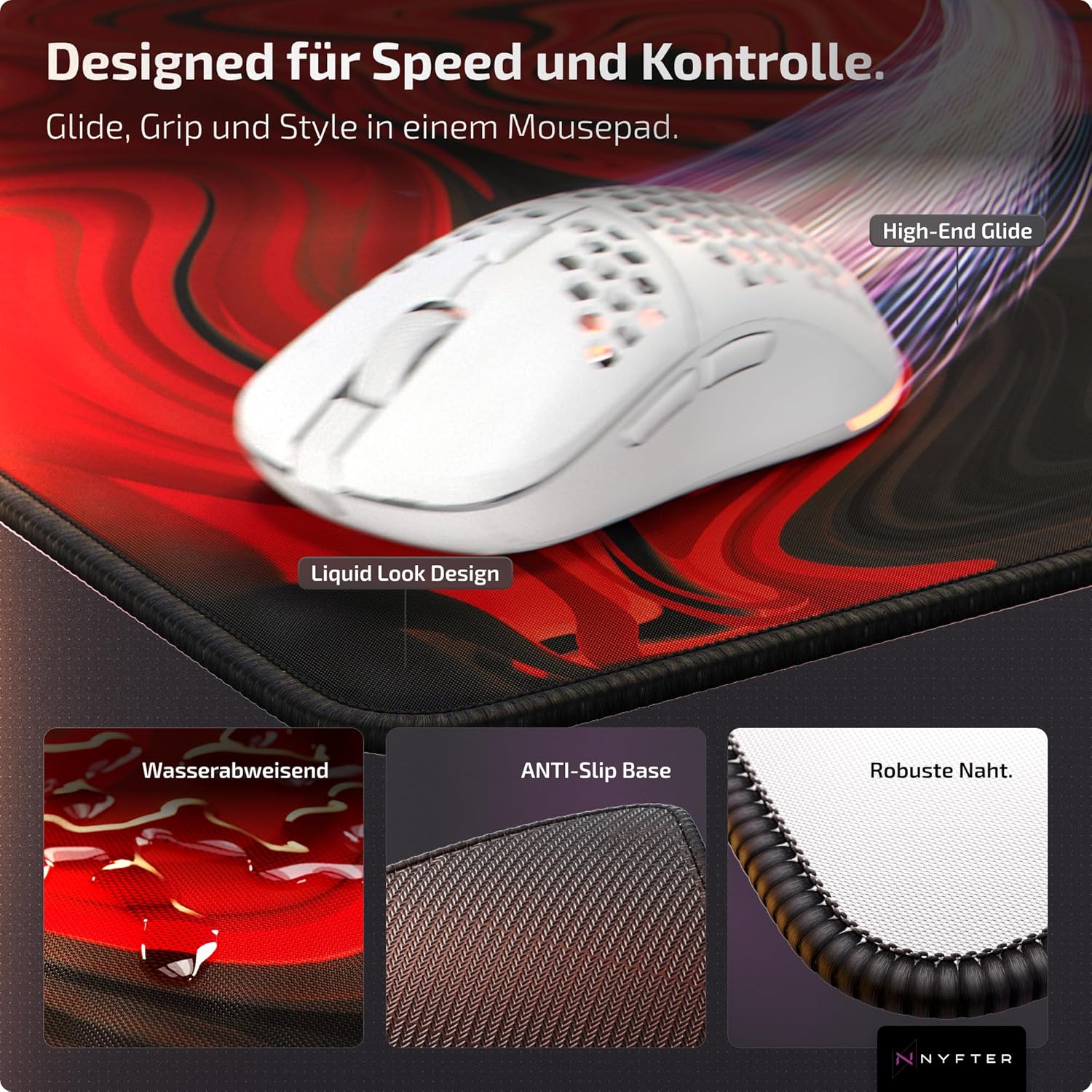 Thumbnail 3 de Nyfter Premium XXL Gaming-Mauspad Nyfpad 900x500 mm (Black-Red) mit wellenfreiem Aufbau