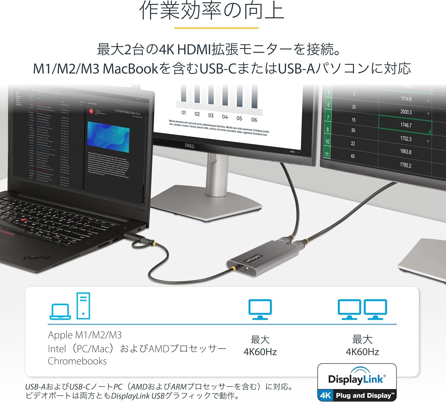 Detalle de StarTech 109B-USBC-HDMI デュアルHDMI変換アダプター 4K60Hz・最大90W給電