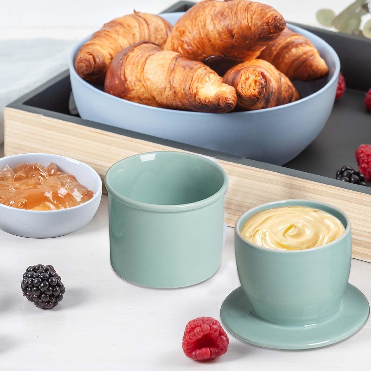Detalle de BAIFULAI Französische Butterdose Franse botervloot van keramiek, lichtblauw