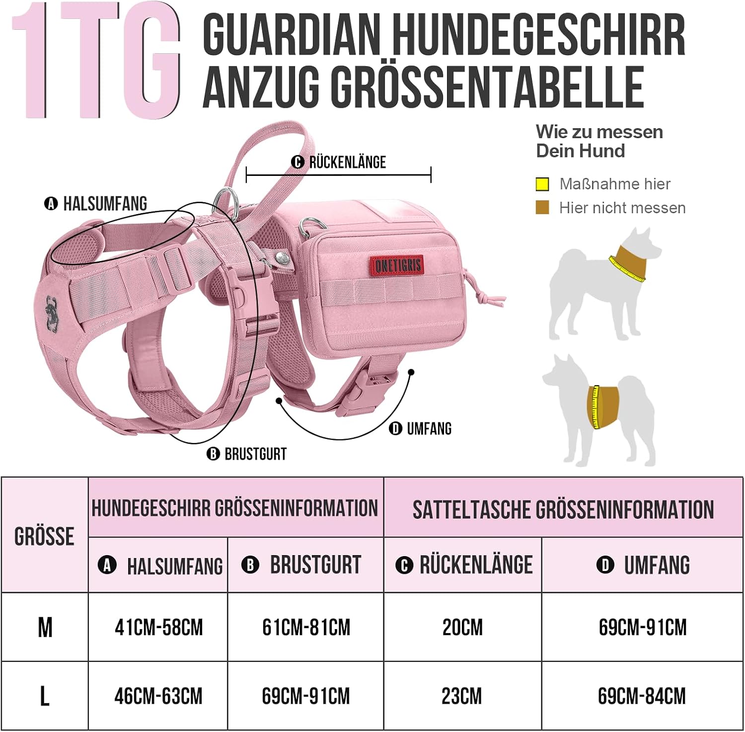 Detalle de OneTigris Harnais Guardian pour chien M - rose, 3 anneaux en D inoxydable, poche MOLLE et grande capacité