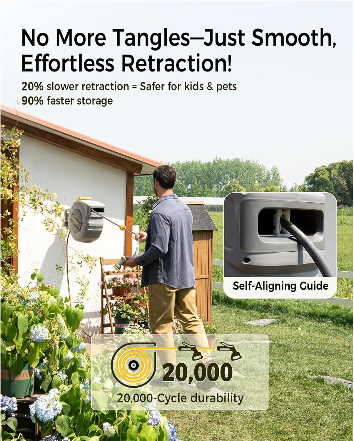Detalle de GLAHODEN Retractable Garden Hose Reel, 5/8 in x 100 ft Wall-Mount (UV-Resistant, 180° Swivel, Brass Fittings)