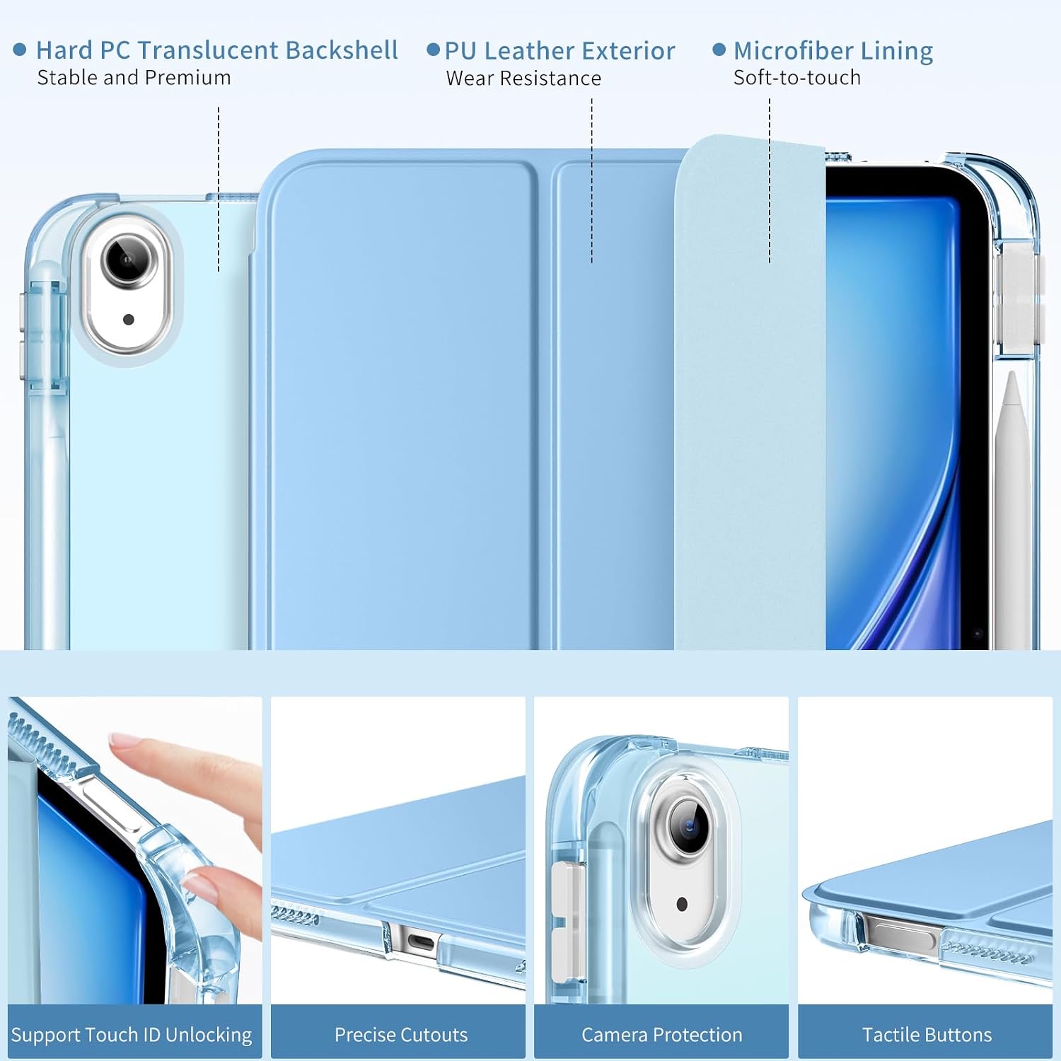 Detalle de MoKo Hülle für iPad Air 11 Zoll (M4/M3/M2) 2026/2025/2024 – Stifthalter, transluzente Rückseite, Himmelblau