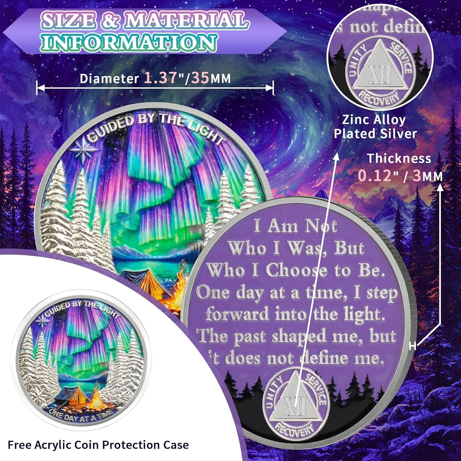 Detalle 2 de YRCKUDZKG Guided by Northern Light 12 Year Sobriety Coin, AA Medallion