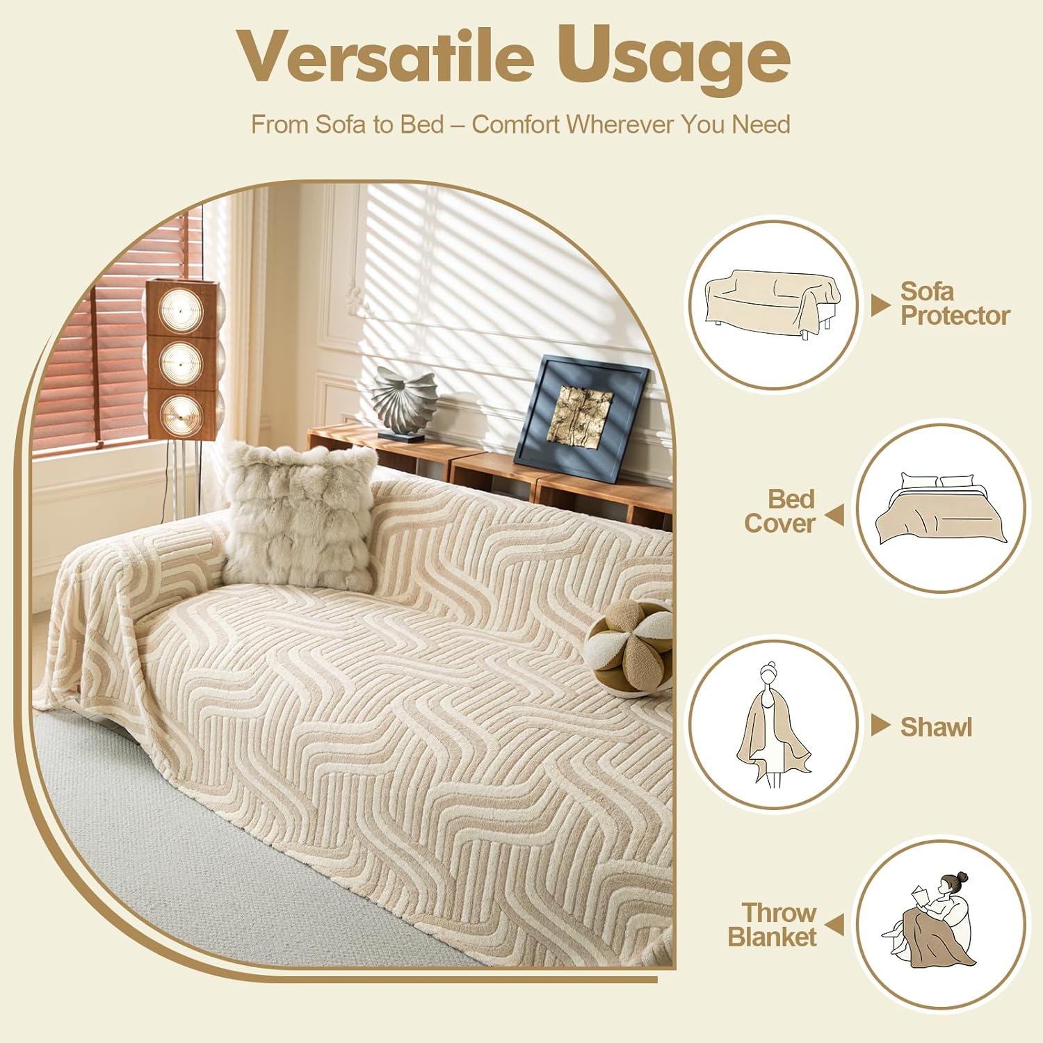 Thumbnail 3 de Housse de canapé WEYOND en peluche douce antidérapante (brun clair) 180 × 260 cm