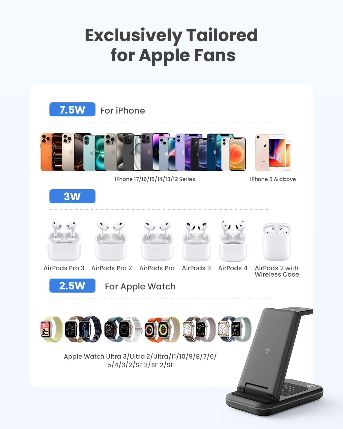 Thumbnail 1 de JoyGeek Chargeur Induction 3 en 1 – Chargeur sans Fil pliable pour iPhone, Apple Watch et AirPods (Noir)