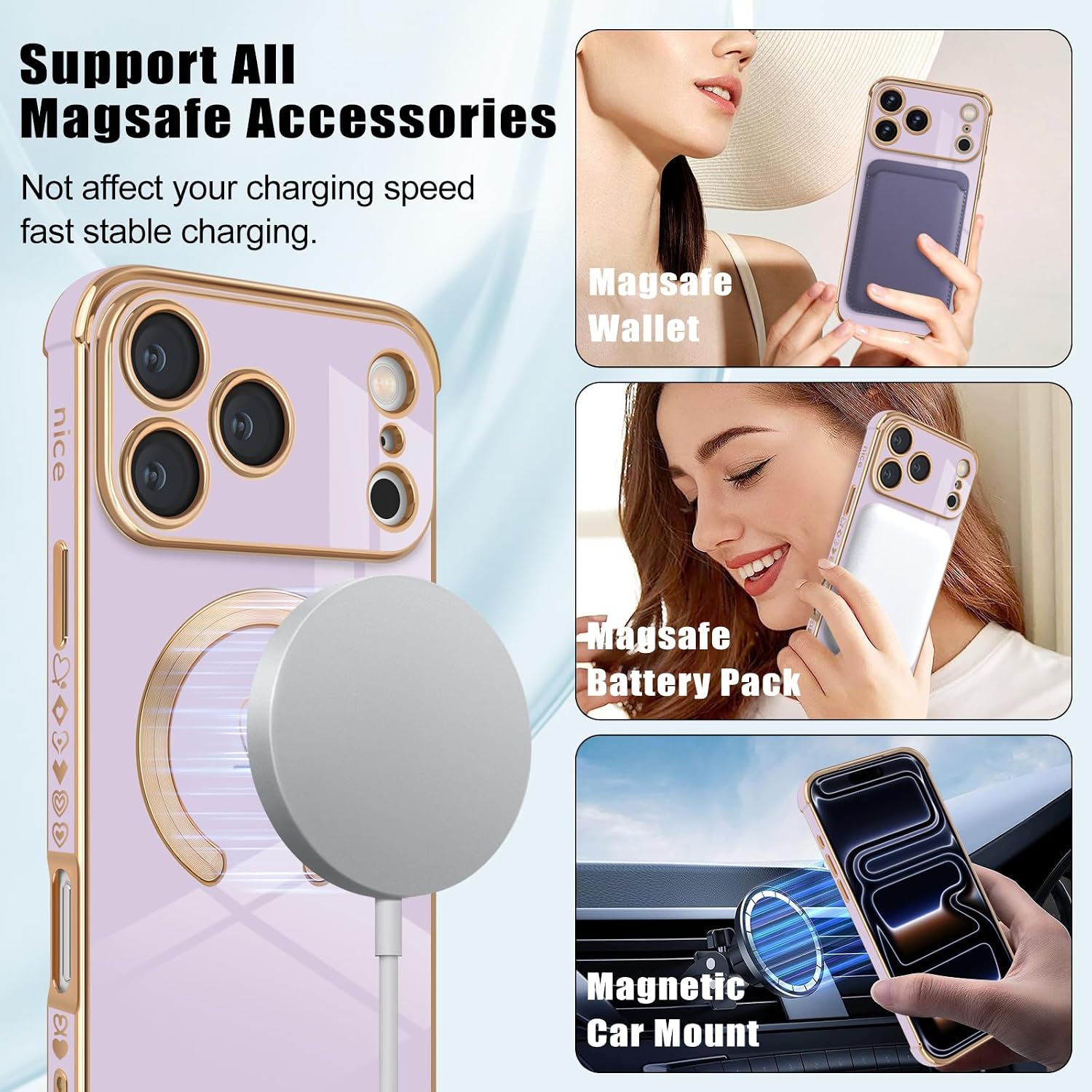 Detalle de Newseego Magnetic Case for iPhone 17 Pro Max – Purple Heart Pattern, MagSafe Compatible
