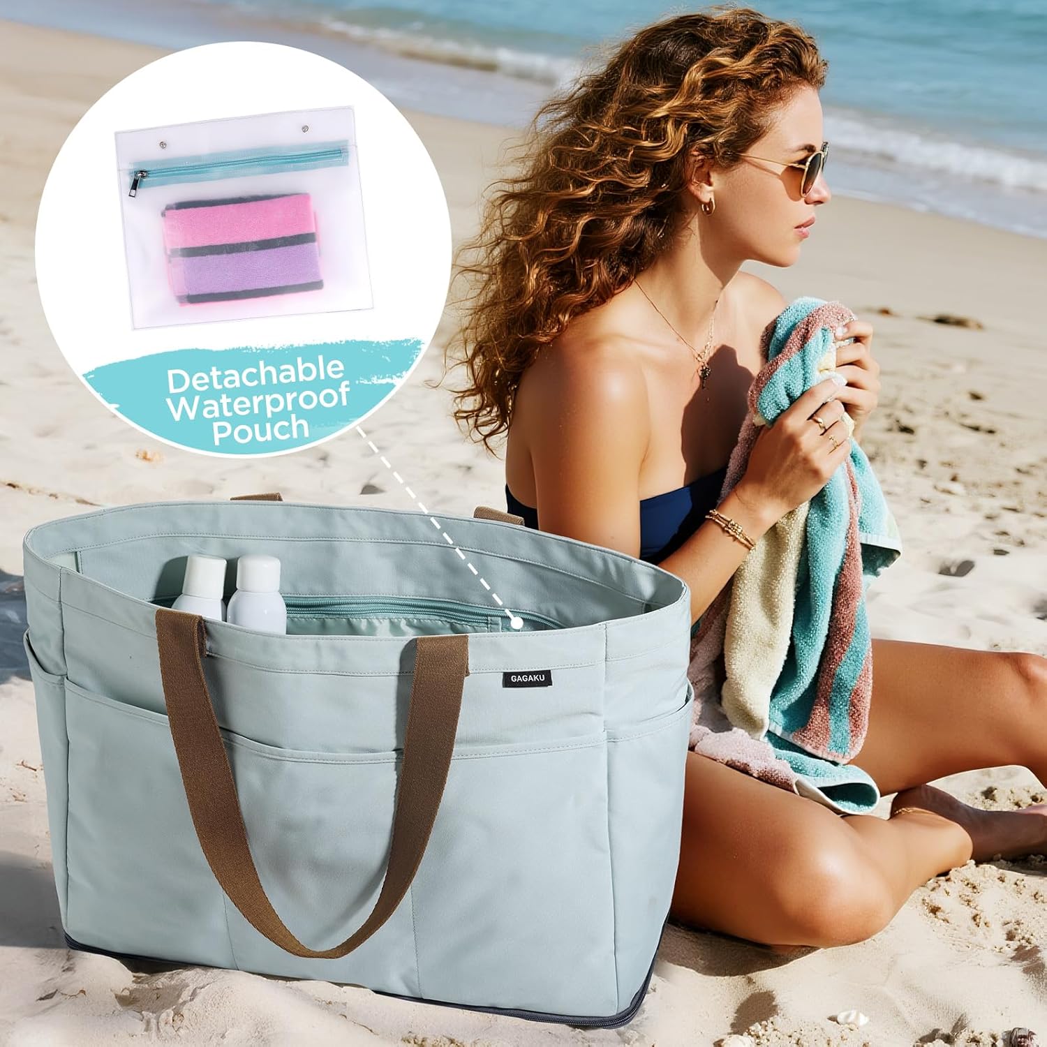 Detalle de GAGAKU Sac de plage XXL avec compartiment isotherme et grande capacité – bleu