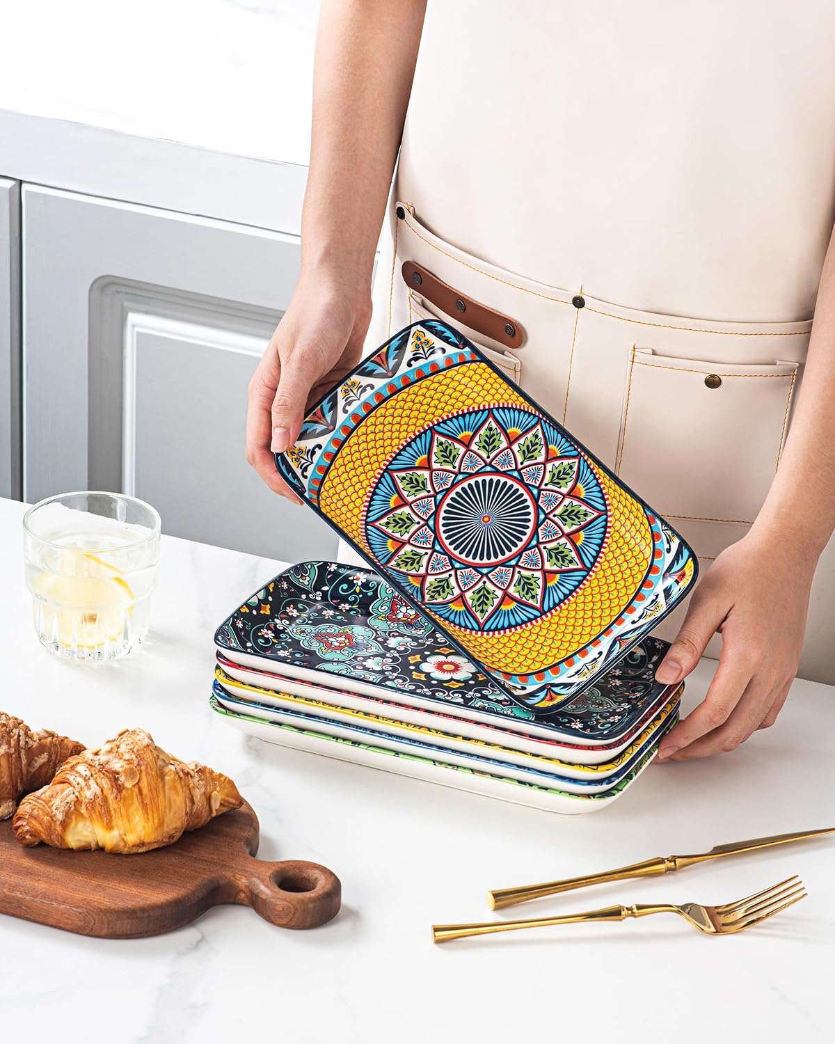Detalle de HENXFEN LEAD Porcelain 10-Inch Rectangular Serving Plates – Bohemian Floral Colour Set