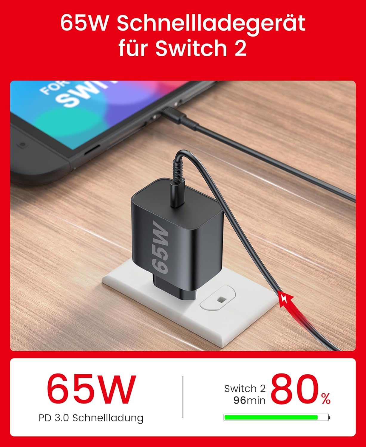 Thumbnail 1 de HELLCOOL 65W Switch 2-Netzteil mit 2 m GaN 3.0 USB‑C Kabel – PD3.0 Schnellladen, 4K Docking-Modus