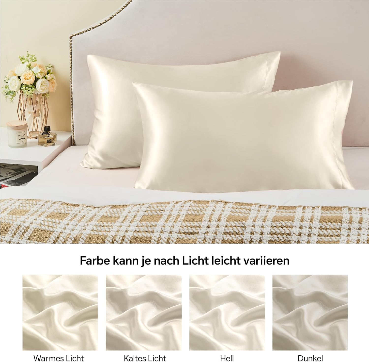 Thumbnail 5 de BEDELITE Satin Kissenbezug 40 x 80 Beige (2er-Set) – weich wie Seidenkissenbezug