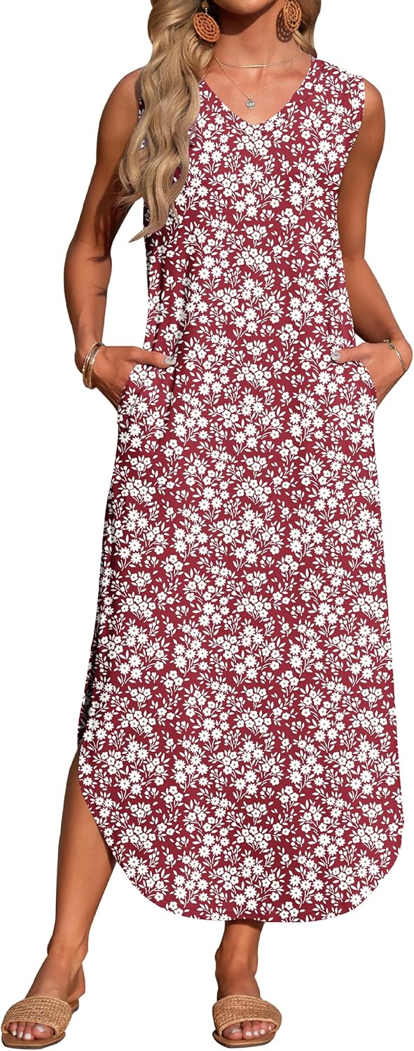 Thumbnail 1 de WNEEDU Damen Sommerkleid Lang mit V-Ausschnitt, A-Linie und Taschen
