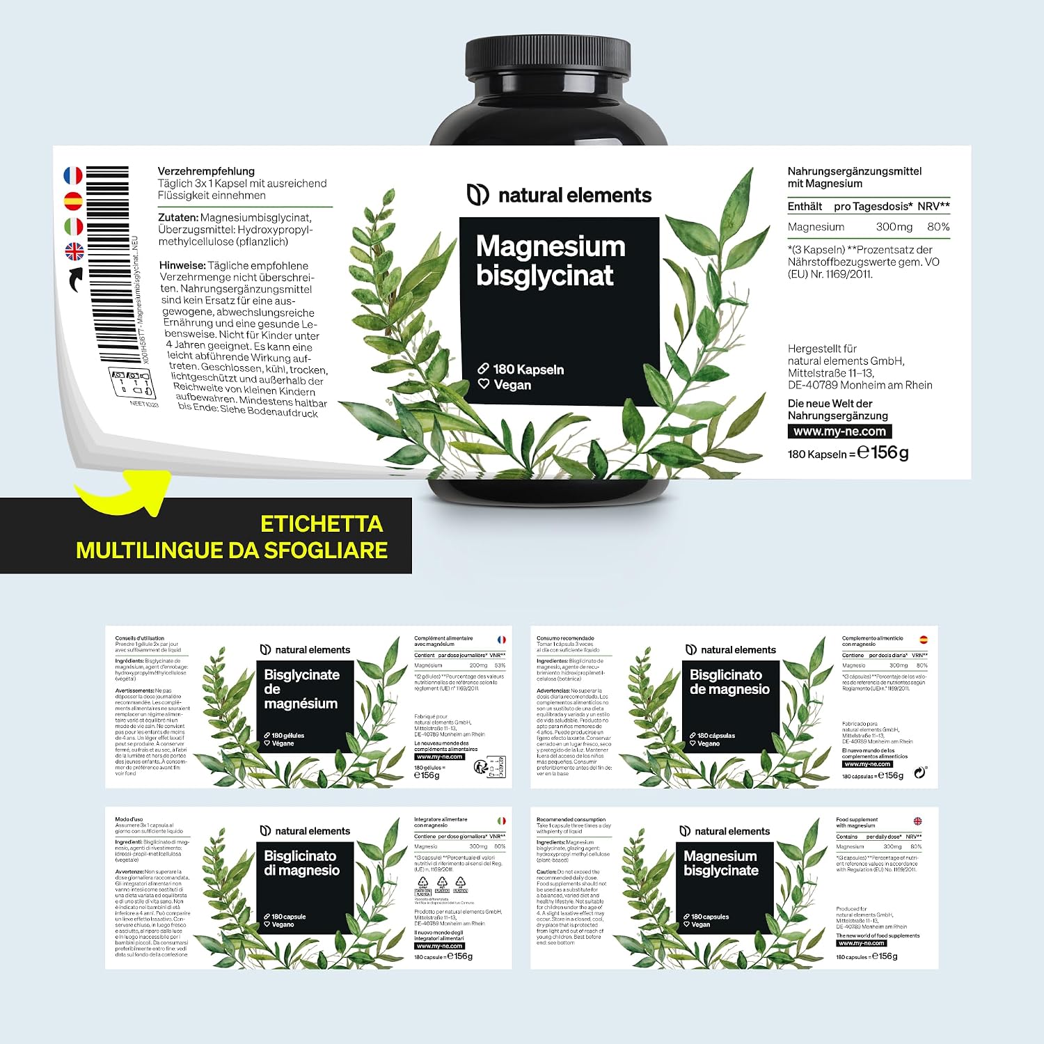 Detalle 1 de Magnesio bisglicinato (300 mg di magnesio elementare per dose giornaliera) – 180 capsule vegane