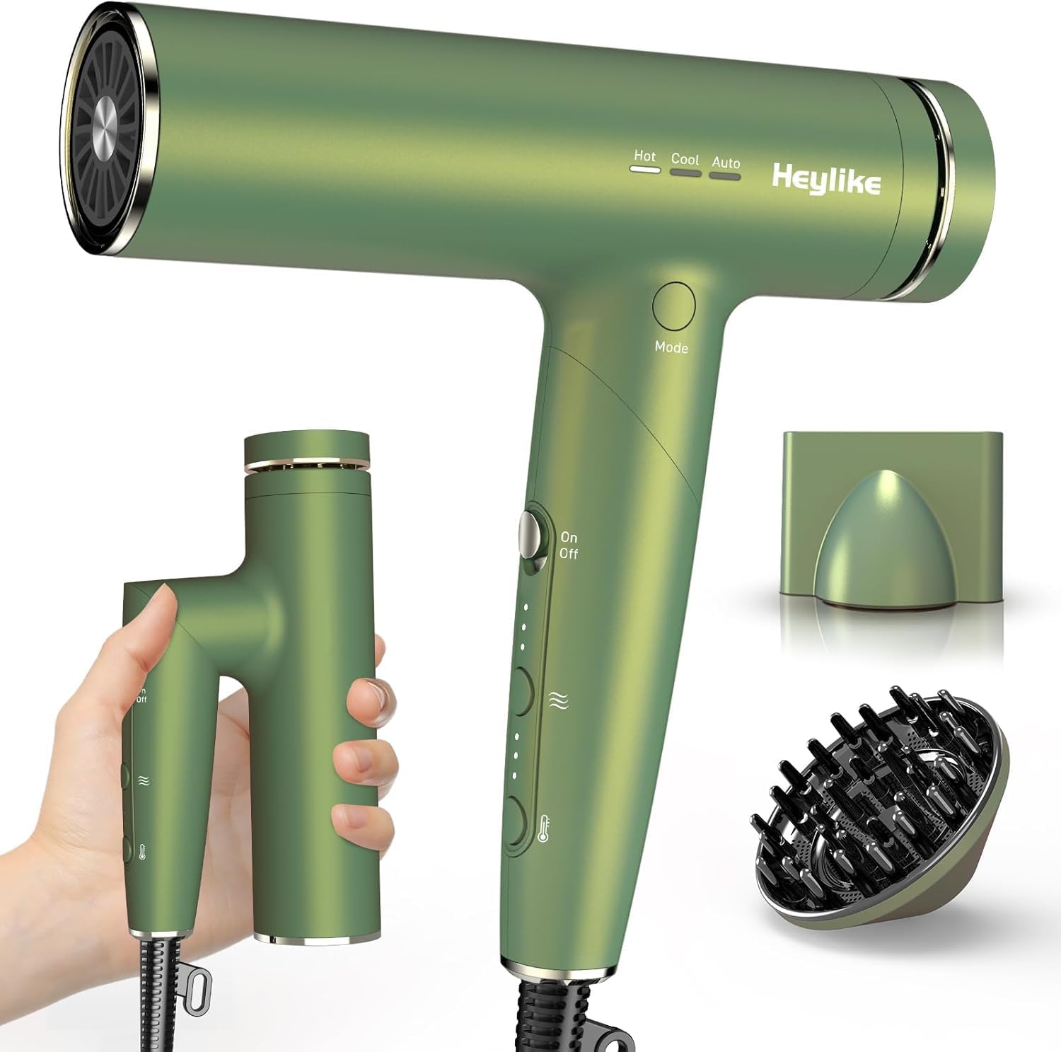 Detalle de Heylike High-Speed Plasma Ion Hair Dryer with Diffuser (1500W) — 3 Heat/3 Speed, Fast Drying Brushless Motor