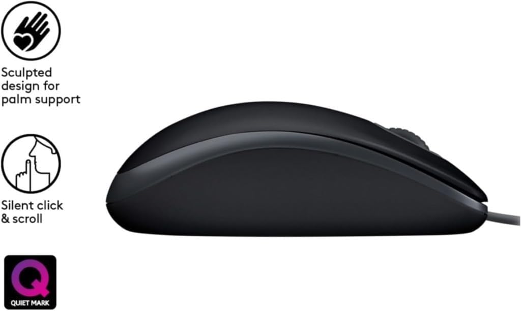 Detalle de Logitech B110 Wired USB Mouse with Silent Buttons – Ambidextrous, Full-Size Comfort