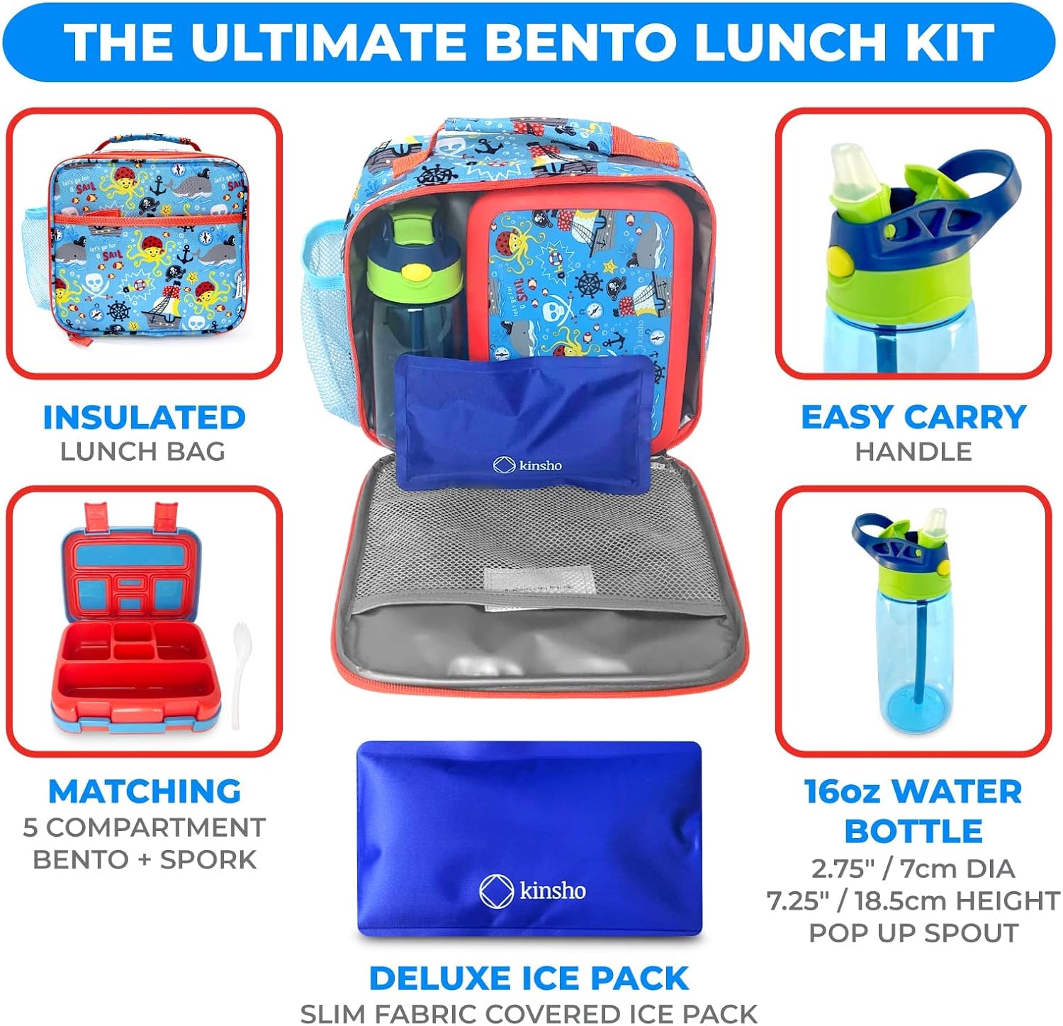 Detalle 2 de Bento Box Blue Pirates 5-Compartment Kids Lunch Set 🍱