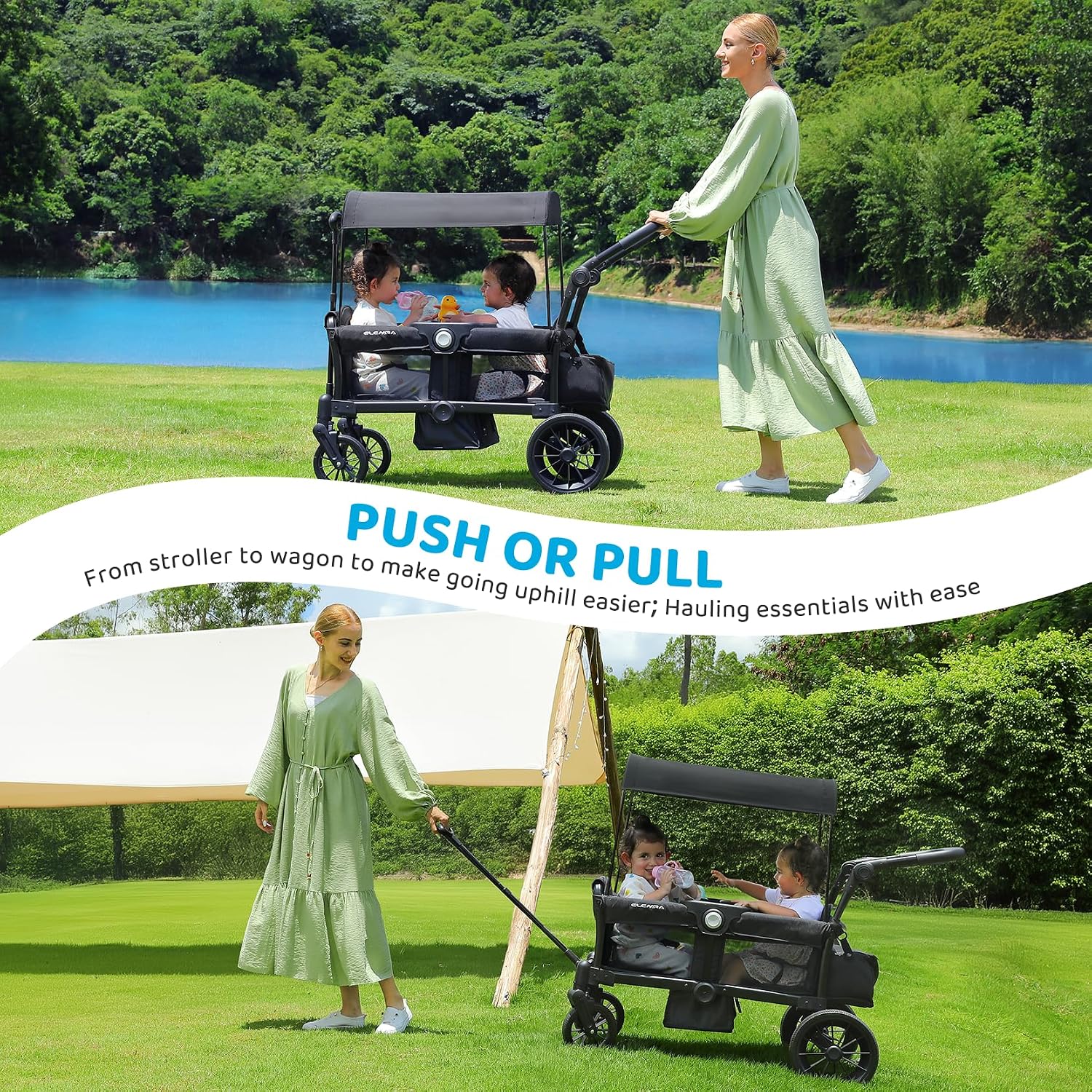 Thumbnail 1 de ELEMARA Foldable Wagon Stroller for 2 Kids (Push/Pull, Removable Canopy) — Black