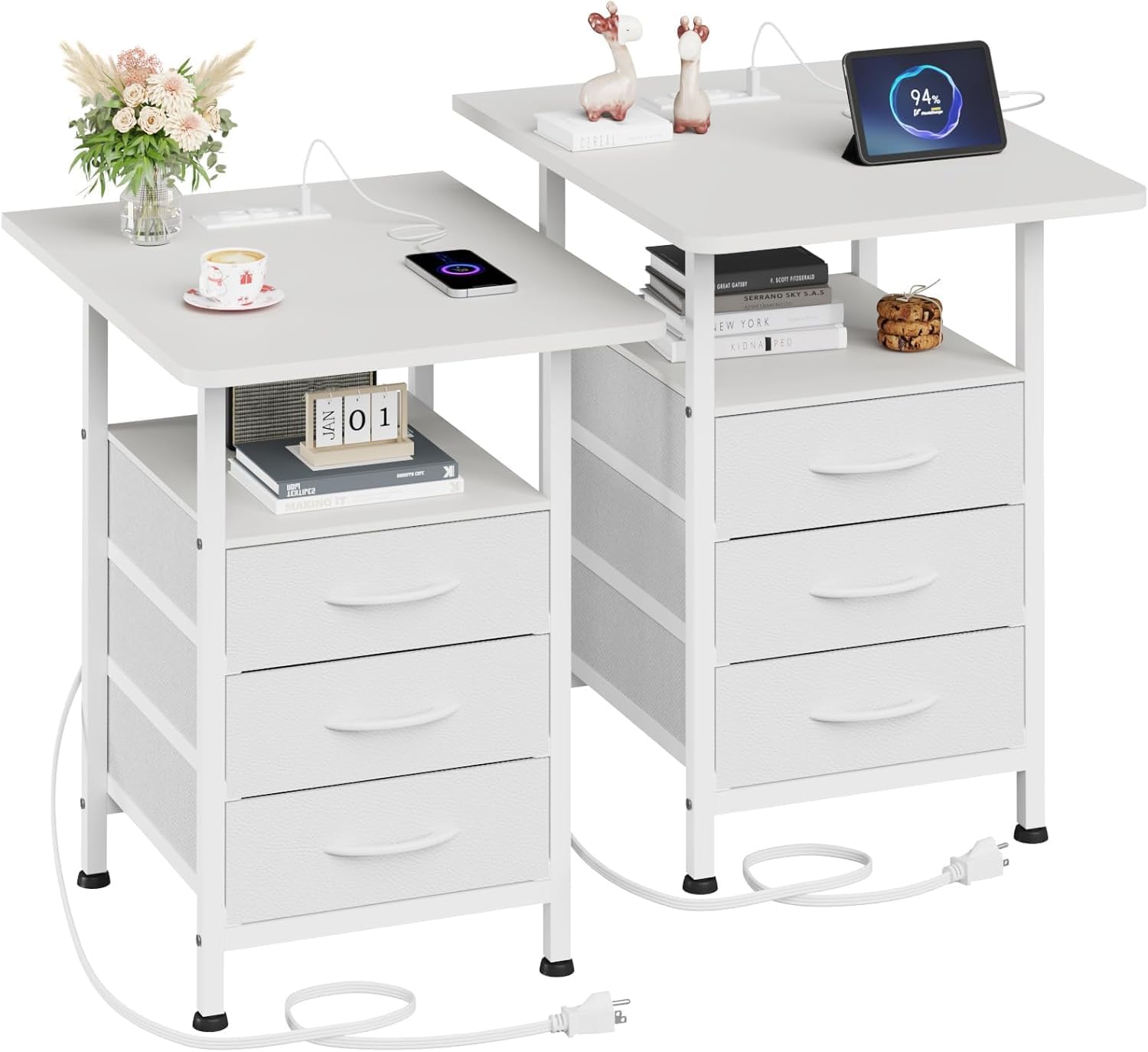 Detalle de GYIIYUO Night Stand Set 2 with 19" x 15" Tabletop, 3 Drawers & Charging Ports