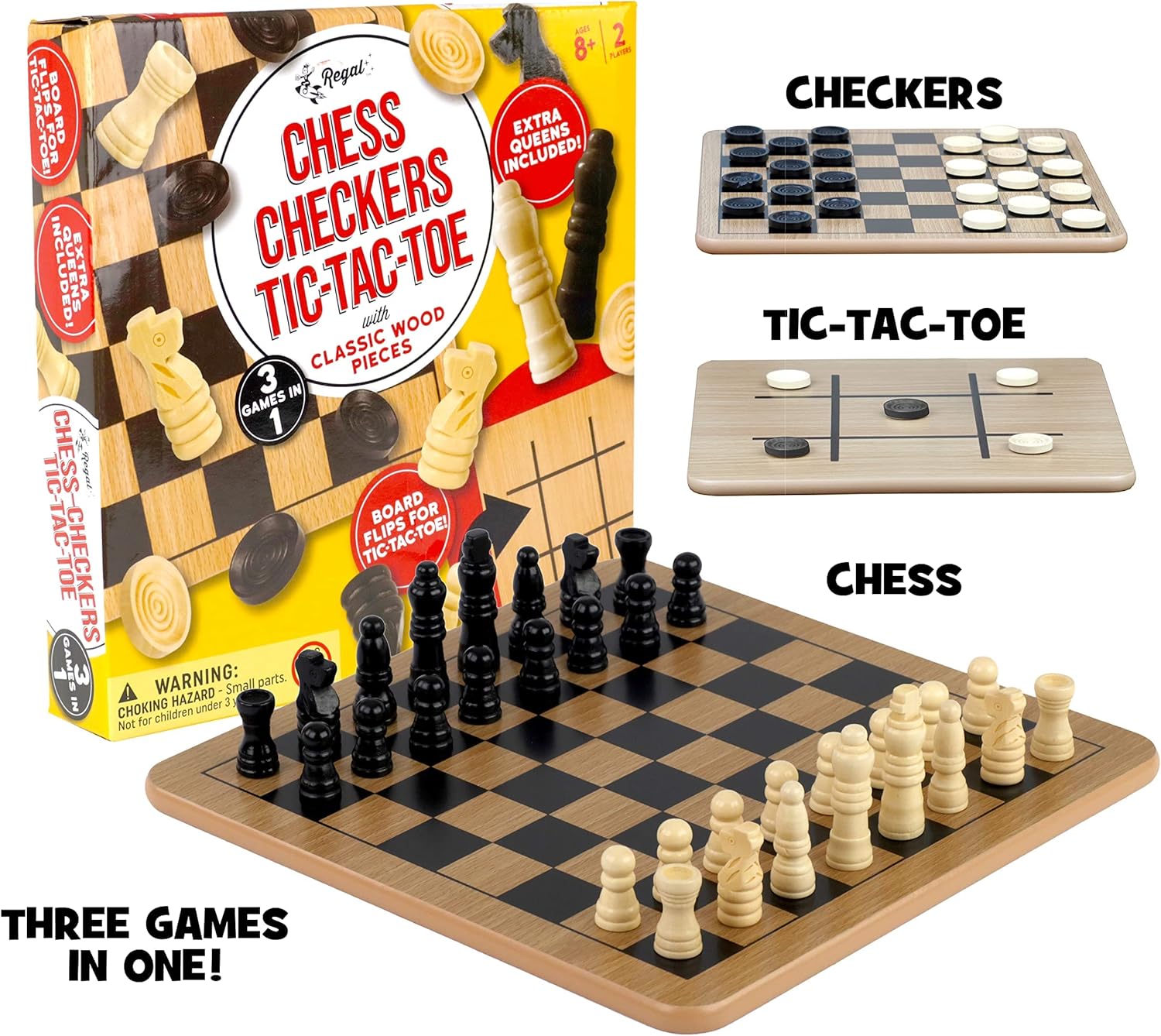 Thumbnail 2 de Regal Games Reversible Wooden Board for Chess, Checkers & Tic-Tac-Toe (24 Interlocking Checkers + 32 Chess Pieces)