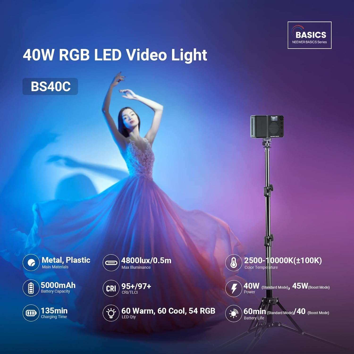 Thumbnail 1 de NEEWER Basics BS40C RGB-Videolicht mit Akku, 45W Boost Modus & 0–100% Dimmung