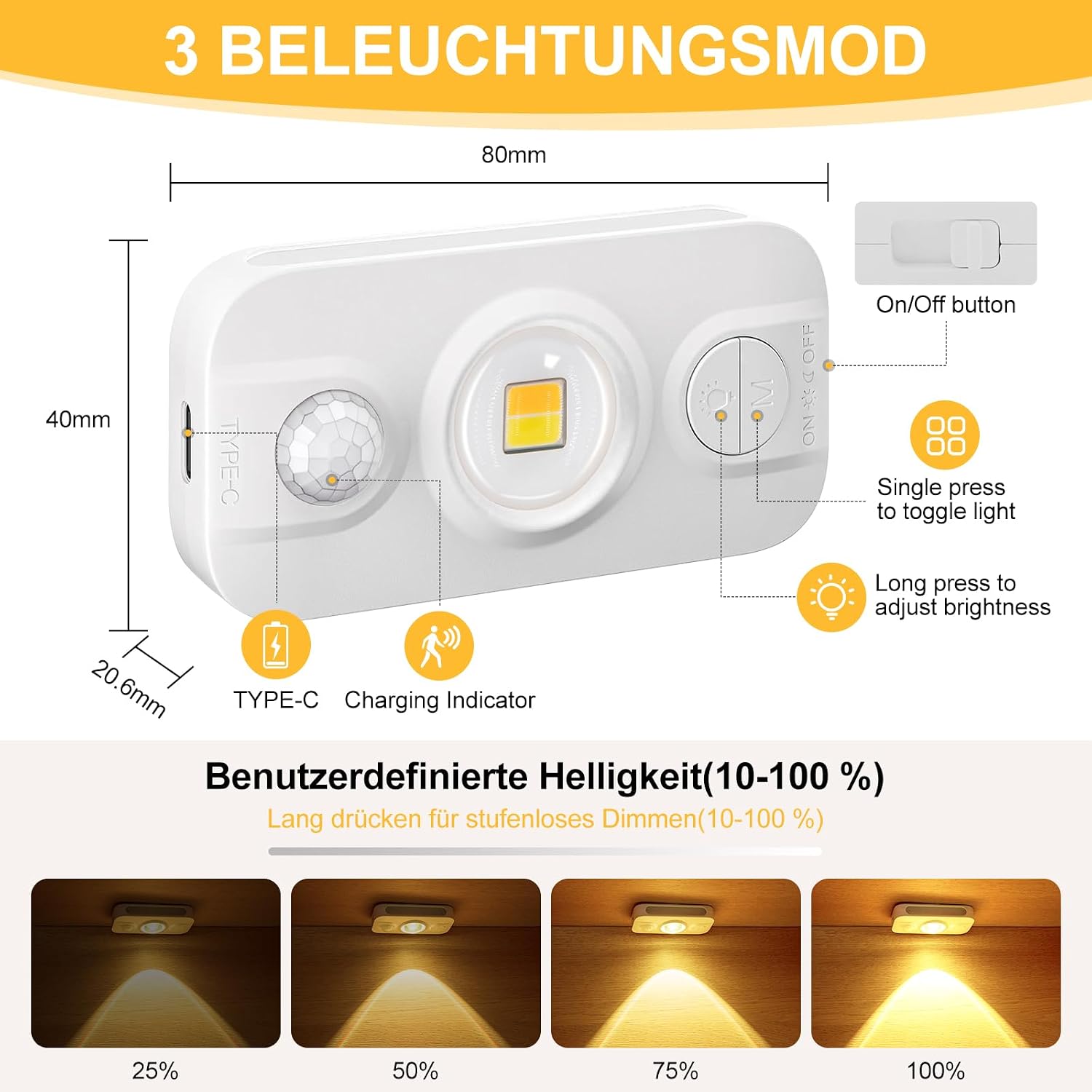 Detalle 2 de Auting Mini Schrankbeleuchtung mit Bewegungsmelder – USB-Aufladbar, 3 Farben, Dimmbare Warmweiß-Nachtlicht-Funktion