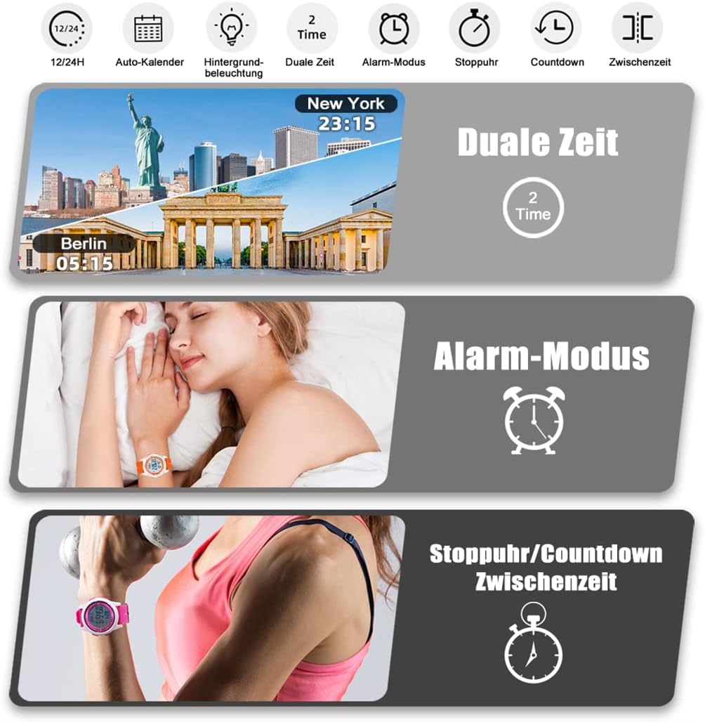 Detalle de WIFORT Digital Herren Damen Uhr mit 5 ATM, Stoppuhr, Countdown und Wecker