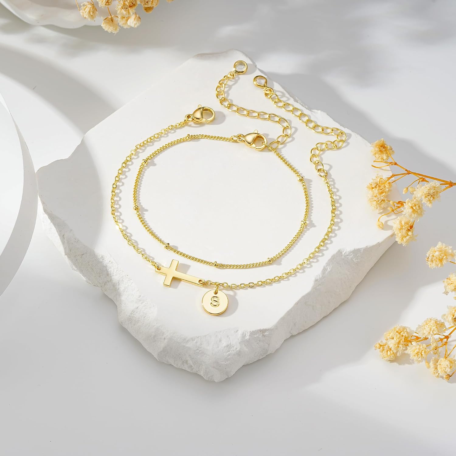 Thumbnail 6 de TINGN Armband für Damen in Gold mit Kreuz, 14K vergoldet – personalisierte Monogramm-Kettenarmband