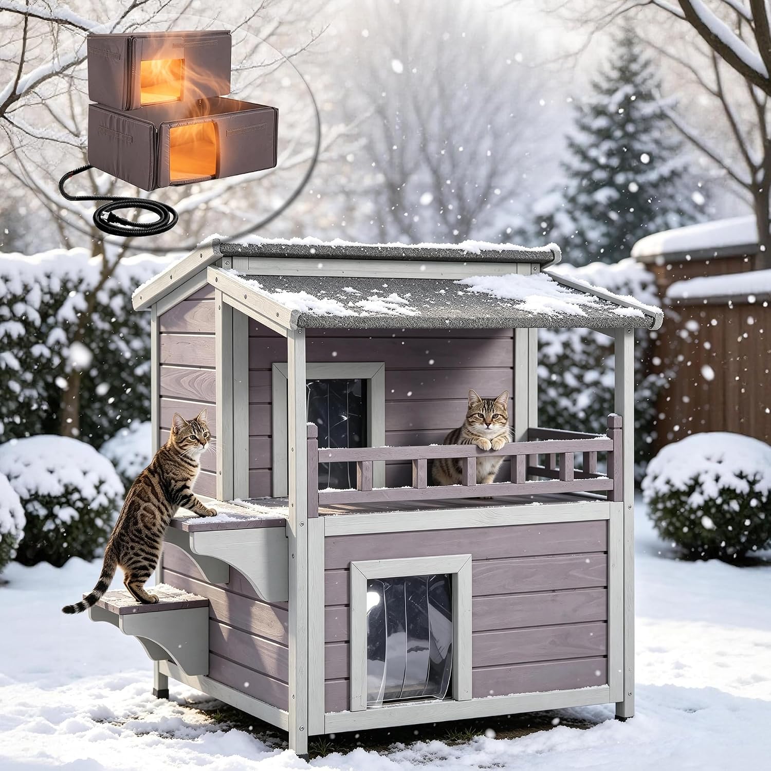 Detalle de Aivituvin AIR33 Heated Outdoor Cat House, Two-Story Fir Wood with Insulation