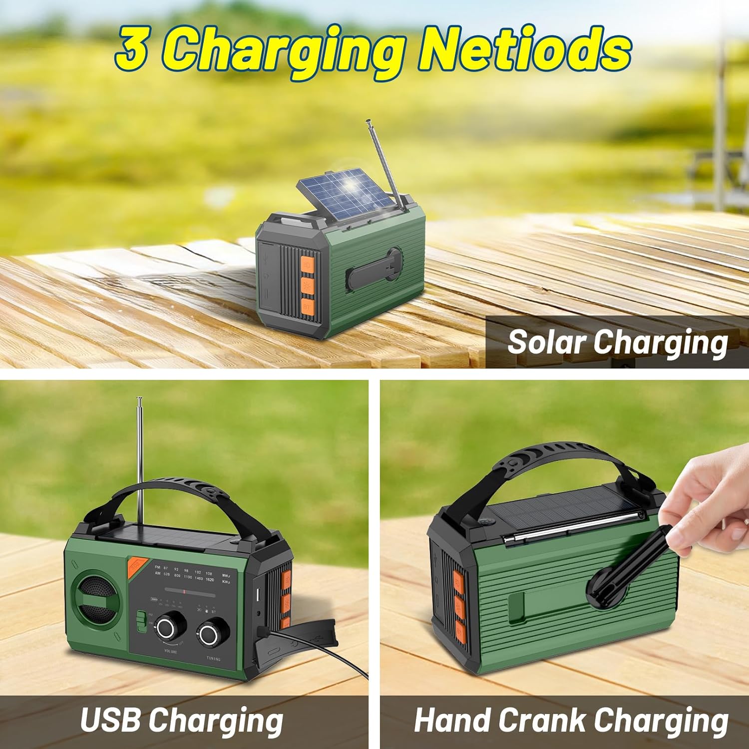 Detalle de Radio a Manovella 27000mAh con Bluetooth e 8 funzioni: BIAOQINBO AM/FM, emergenza e outdoor