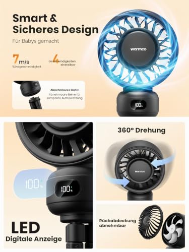 Thumbnail 4 de Warmco Tragbarer Kinderwagen-Ventilator mit 4000 mAh Akku – Clip-On, 15 Stunden Laufzeit, 4 Geschwindigkeiten