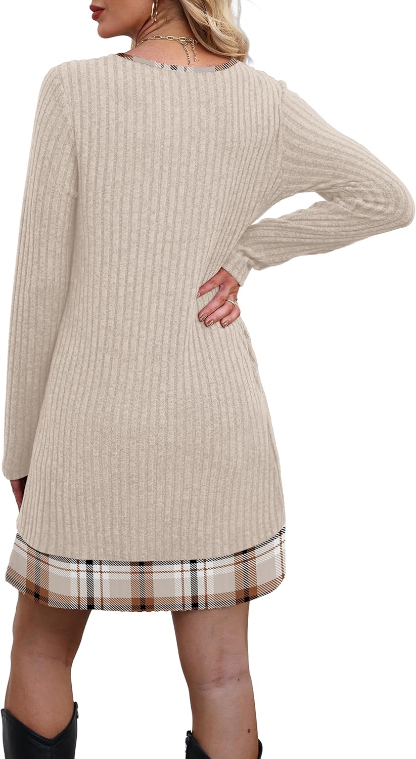 Detalle 1 de OFEEFAN Women's Color-Block Long-Sleeve Sweater Dress with Side Pockets