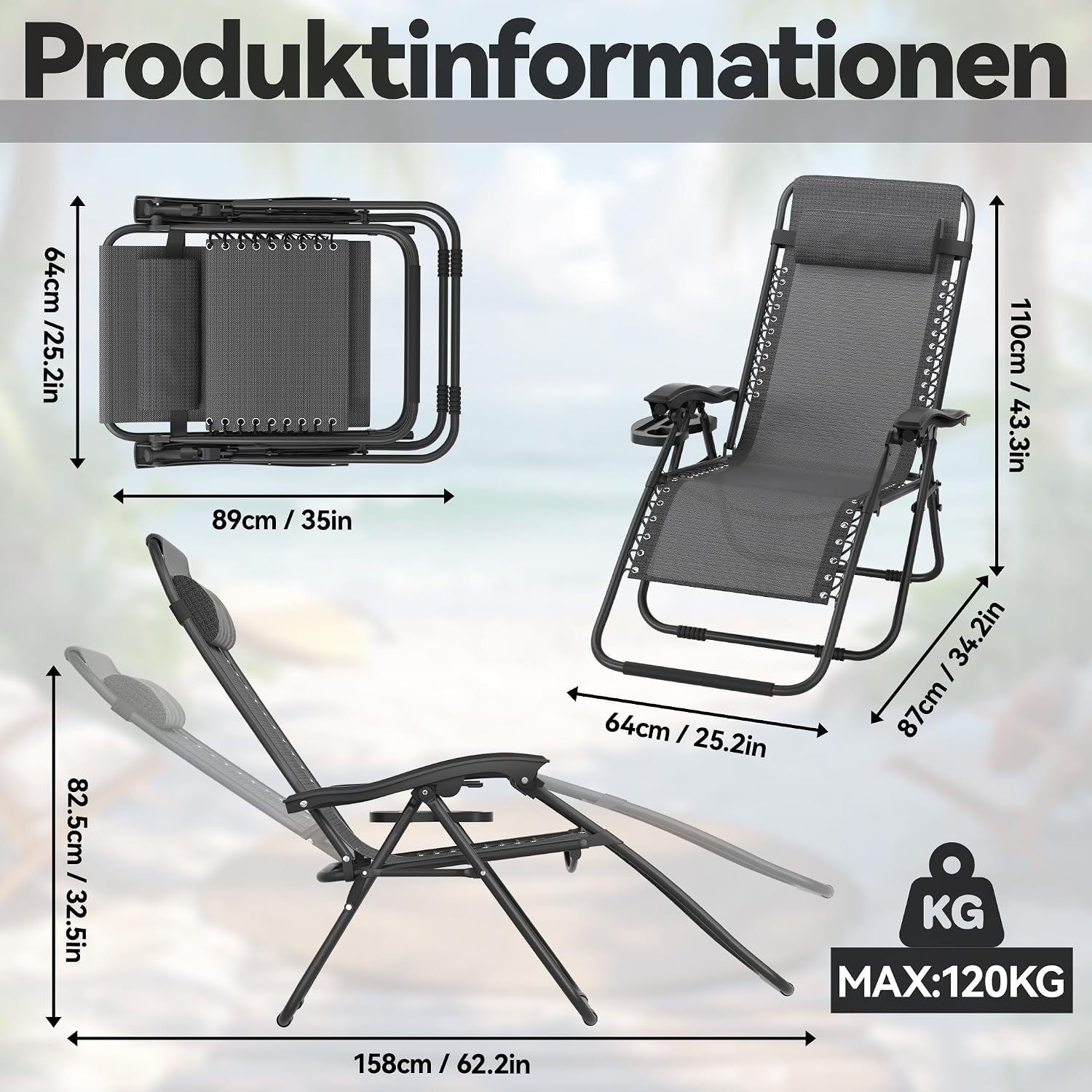 Detalle de UISEBRT RHX-(HW02932GB-V) Folding Deck Chairs, Set of 2, 64 cm Wide
