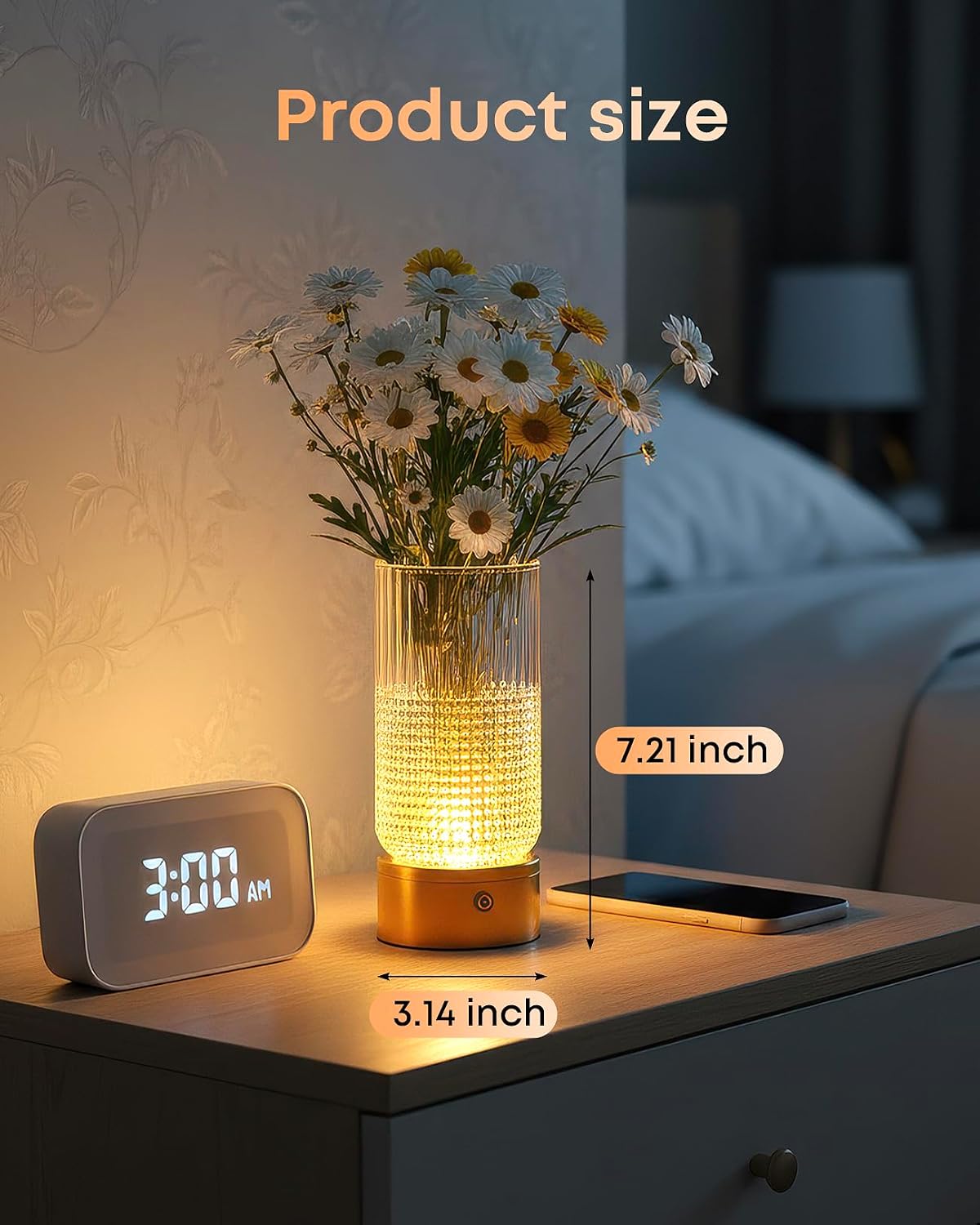 Detalle de YITGOG Light Up Vase with Lamp: Cordless Crystal Vase in Copper Finish, 3-Colour Dimmable Light