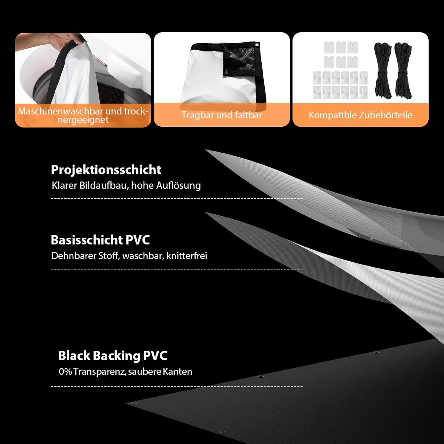Detalle de VOOPVOR 120 Zoll Outdoor-Projektionsleinwand (16:9) – faltbar, schwarz, lichtundurchlässig, waschbar